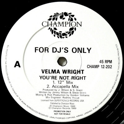 VELMA WRIGHT  - You're Not Right