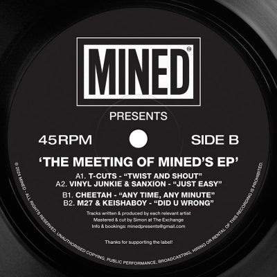 VARIOUS (T-CUTS / VINYL JUNKIE & SANXION / CHEETAH / M27 & KEISHABOY) - The Meeting Of Mined's EP (Twist And Shout / Just Easy / Any Time, Any Minute / Did U Wrong)