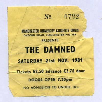 THE DAMNED - Ticket - Manchester University Students Union, 21st Nov 1981